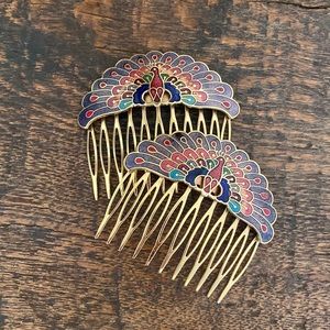 Peacock Vintage Cloisonne Gold Tone Hair Comb, Enamel inlay Hair Clips
